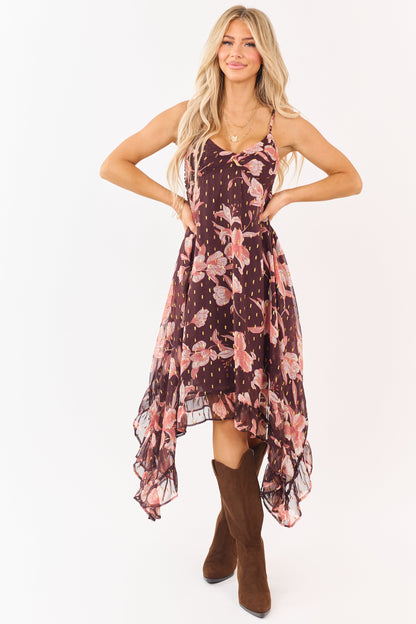 Chocolate Floral Print Lurex Swiss Dot Maxi Dress