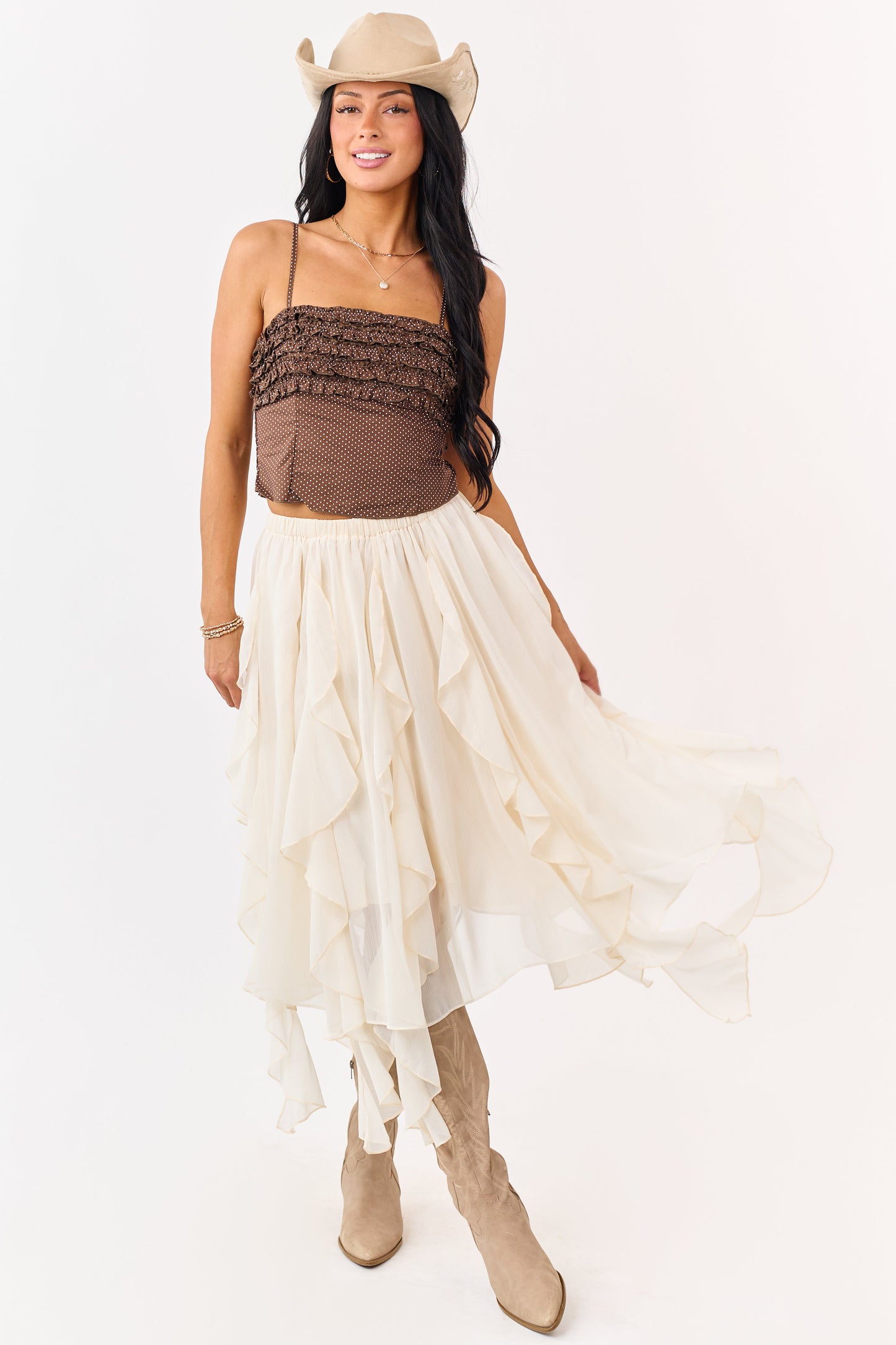 Cocoa Cotton Polka Dot Ruffled Smocked Cami Top