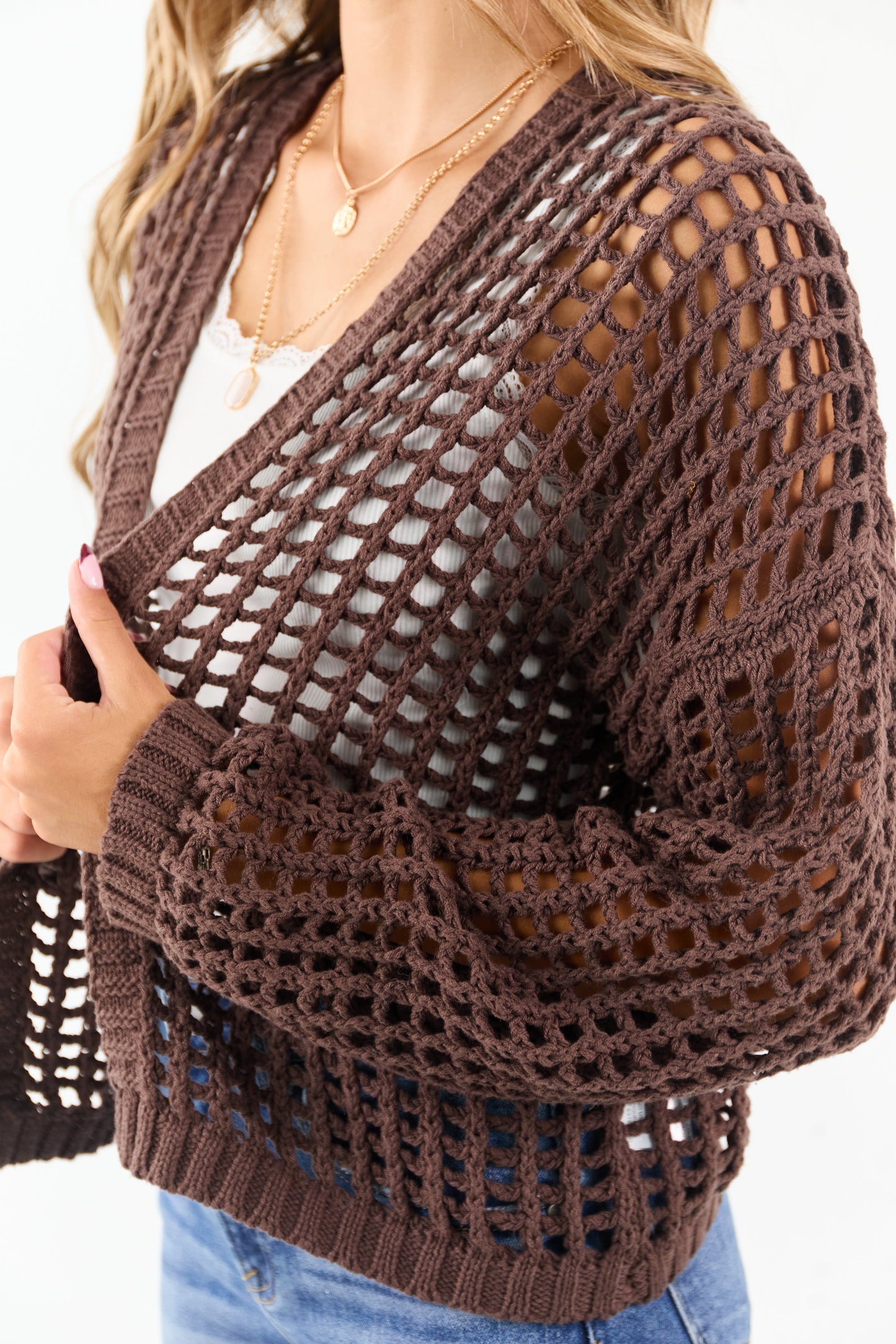 Cocoa Crochet Knit Open Front Cardigan