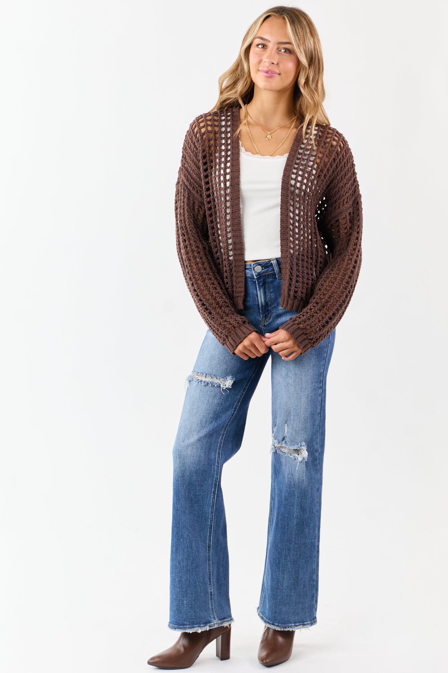 Cocoa Crochet Knit Open Front Cardigan