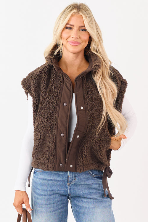 Cocoa Sherpa Contrast Button Down Side Tie Vest