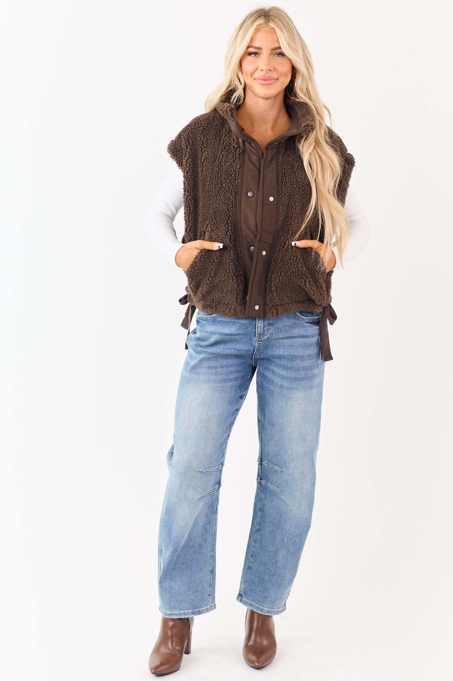Cocoa Sherpa Contrast Button Down Side Tie Vest