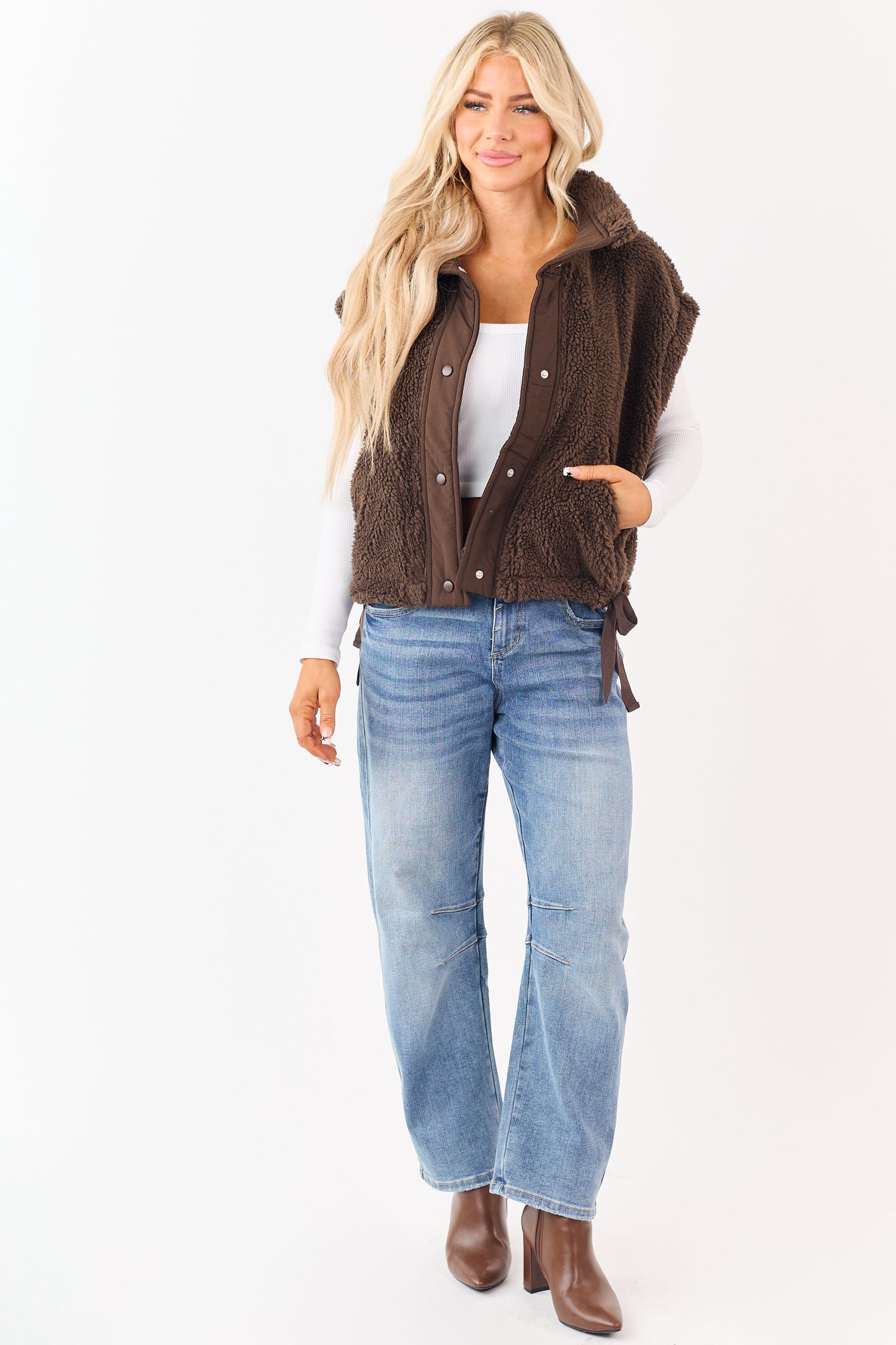 Cocoa Sherpa Contrast Button Down Side Tie Vest