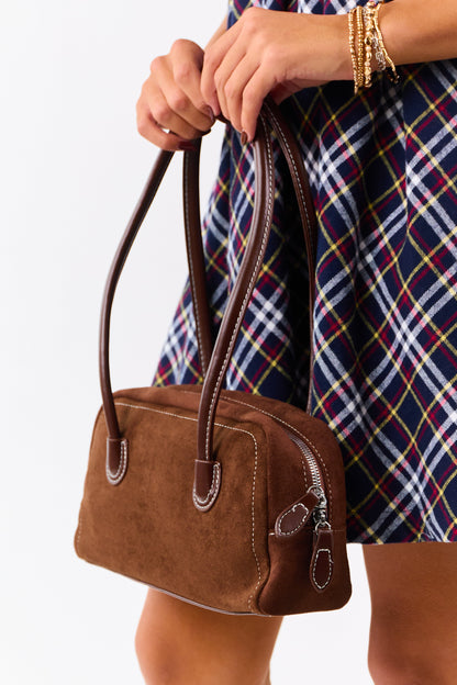 Cocoa Faux Suede Baguette Handbag