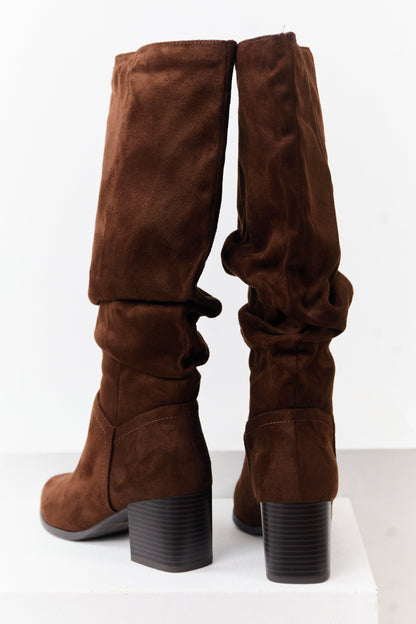Cocoa Microsuede Slouch Block Heel Tall Boots