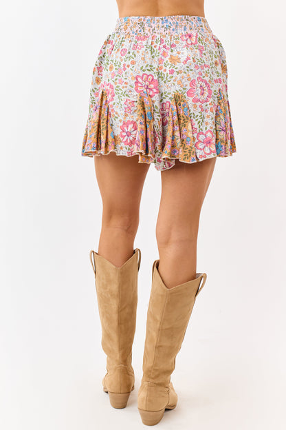 Coconut Mixed Floral Print Smocked Godet Shorts