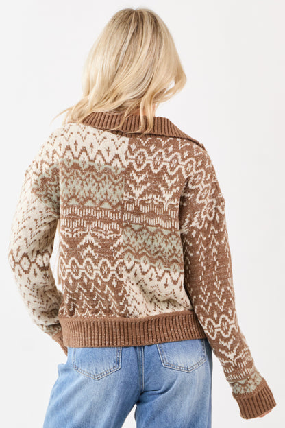 Coffee Abstract Colorblock Collared V-Neck Sweater