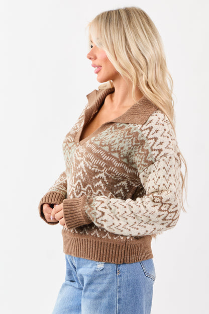 Coffee Abstract Colorblock Collared V-Neck Sweater