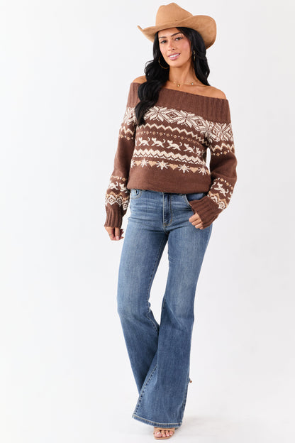 Coffee Fair Isle Pattern Off Shoulder Knit Sweater