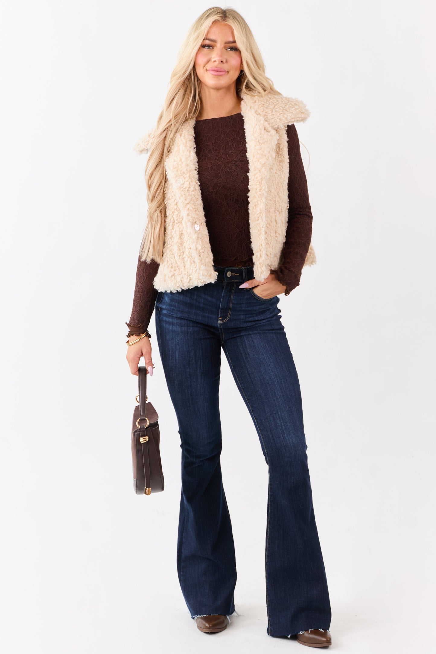 Coffee Mesh Lace Ruched Long Sleeve Top