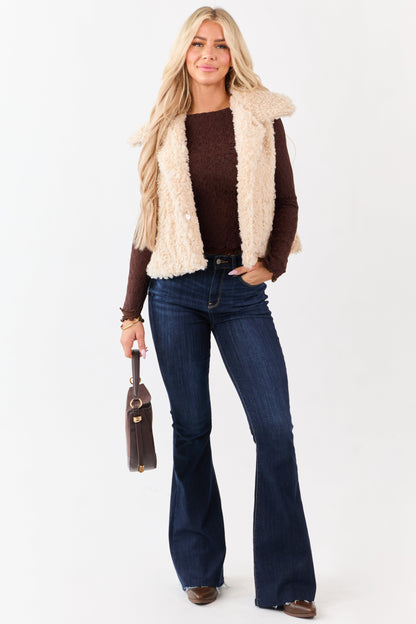 Coffee Mesh Lace Ruched Long Sleeve Top