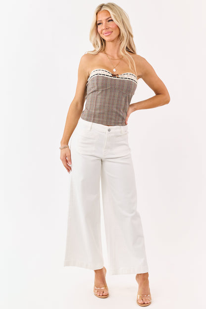 Coffee Plaid Lace Trim Smocked Strapless Top