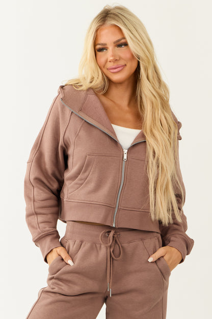 Coffee Zip Up Front Knit Hoodie with Thumbholes