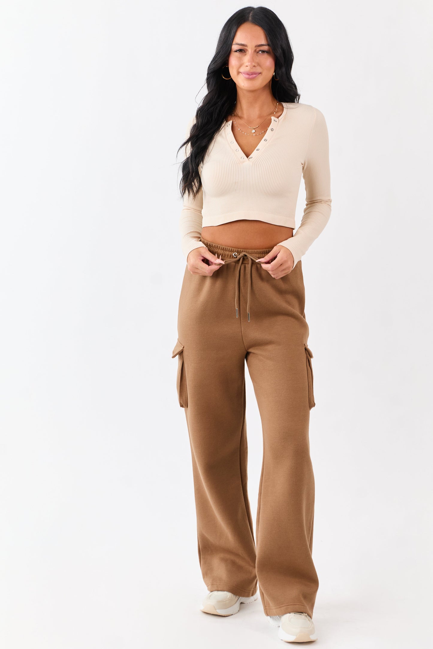 Cognac Elastic Waist Knit Cargo Sweatpants