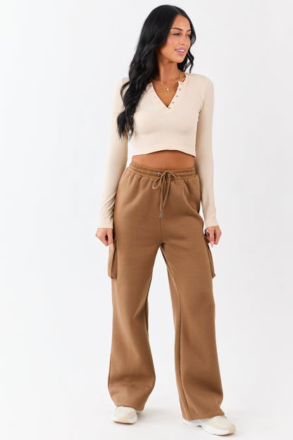 Cognac Elastic Waist Knit Cargo Sweatpants