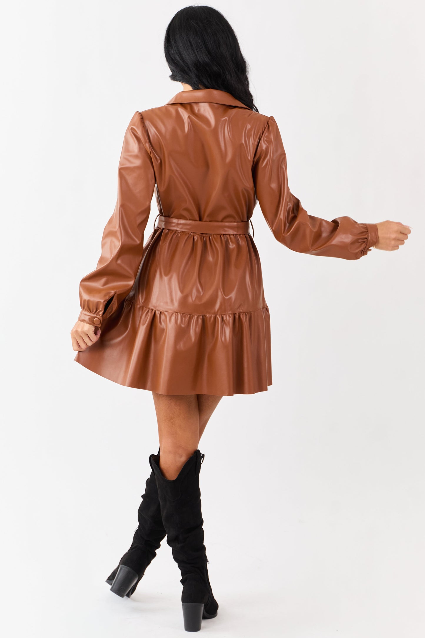 Cognac Faux Leather Button Down Mini Dress