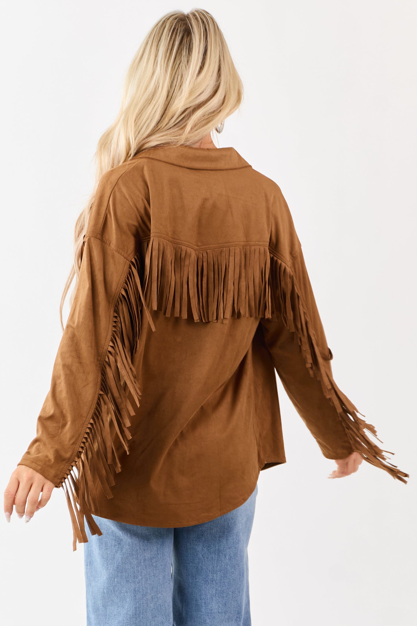 Cognac Faux Suede Fringe Detail Western Top