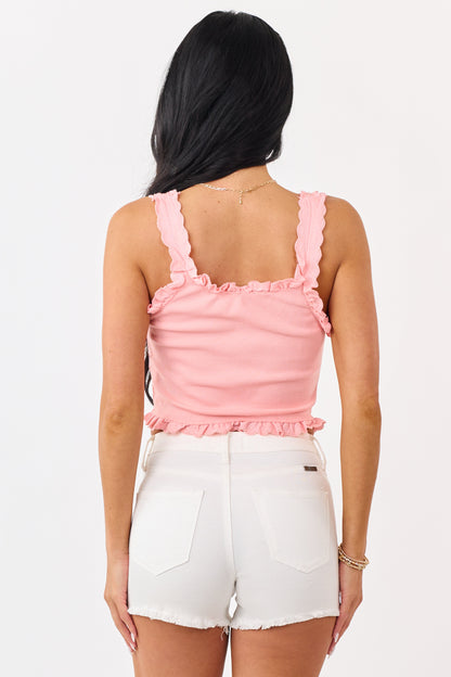 Coral Rib Knit Ruffle Trim Button Down Tank Top