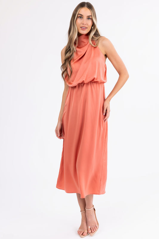 Coral Satin Halter Sleeveless Midi Dress