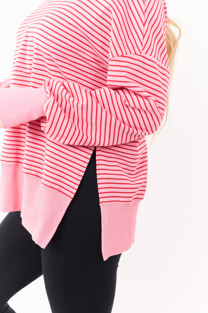 Coral Striped Ribbed Trim Side Slit Relaxed Hoodie