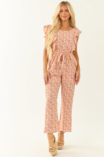 Coral and White Floral Print Ruffle Sleeve Jumpsuit