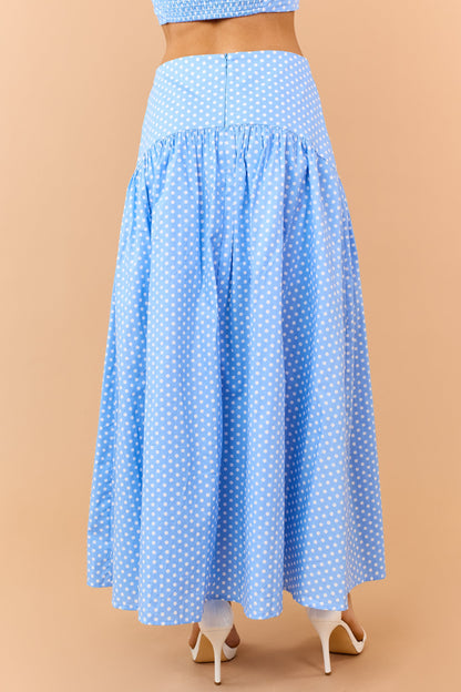 Cornflower and White Polka Dot Cotton Maxi Skirt