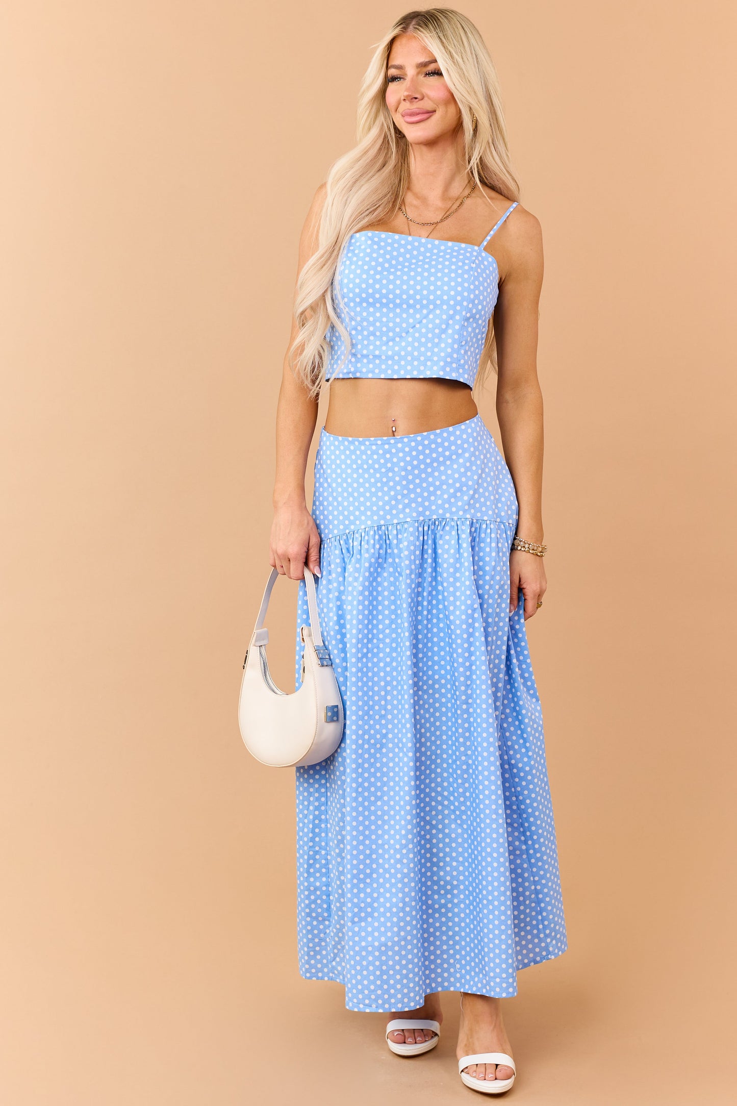 Cornflower and White Polka Dot Cotton Maxi Skirt