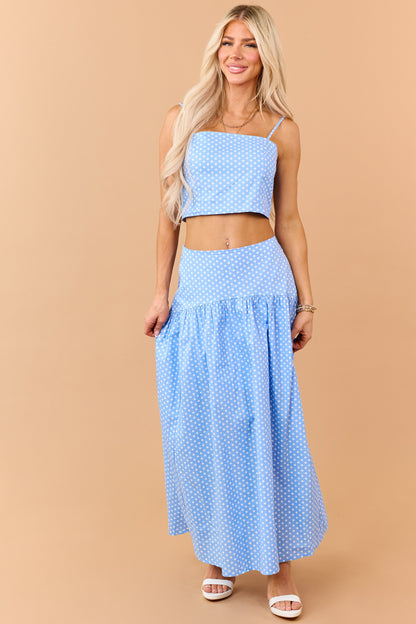 Cornflower and White Polka Dot Cotton Maxi Skirt