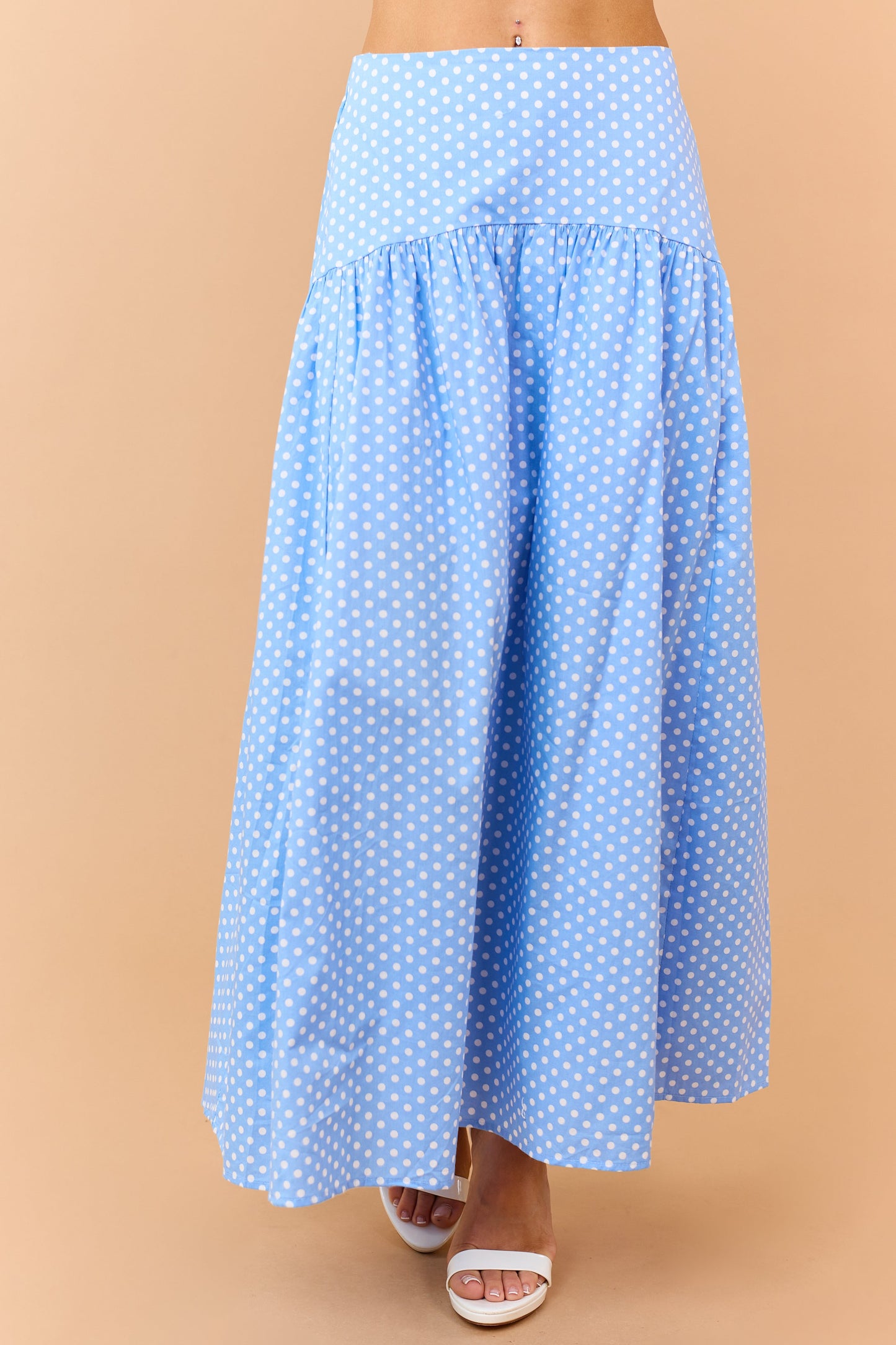 Cornflower and White Polka Dot Cotton Maxi Skirt