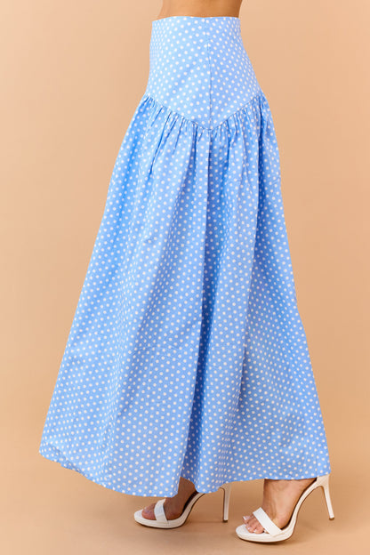 Cornflower and White Polka Dot Cotton Maxi Skirt