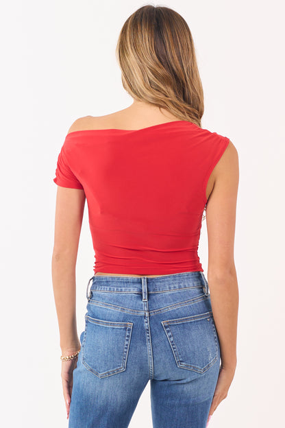 Cranberry Asymmetrical Ruched One Shoulder Top