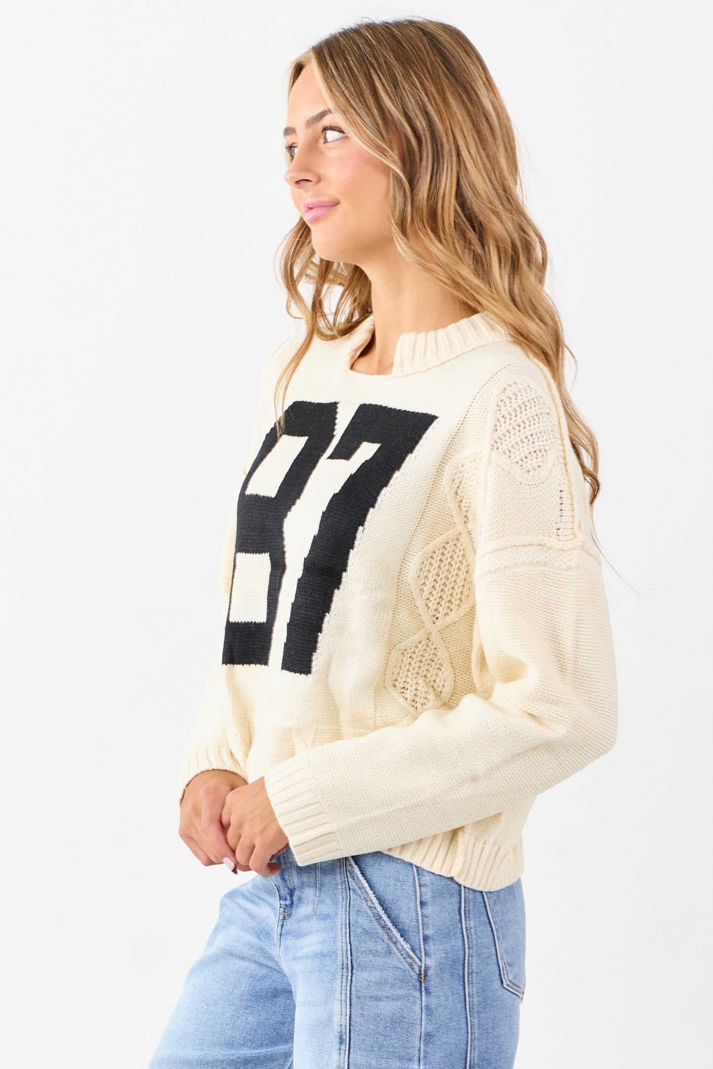 Cream Cable Knit Retro '87' Graphic Sweater