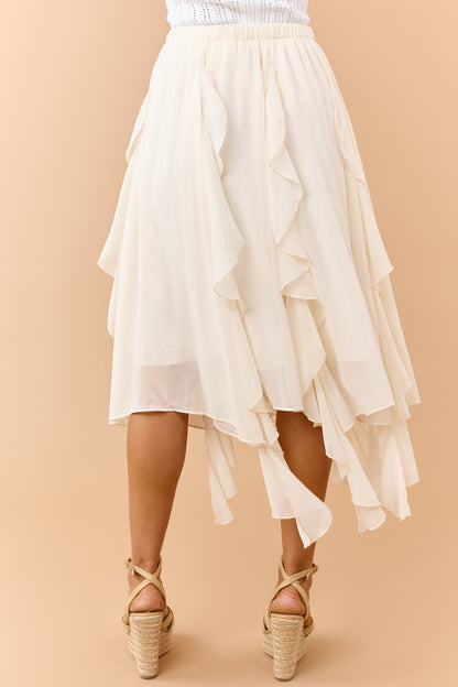 Cream Chiffon Ruffle Handkerchief Hem Midi Skirt