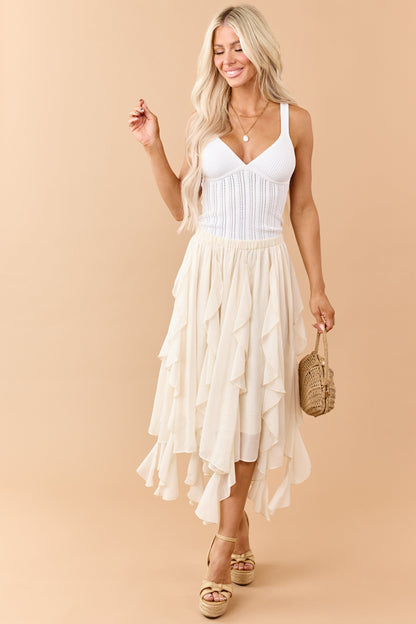 Cream Chiffon Ruffle Handkerchief Hem Midi Skirt