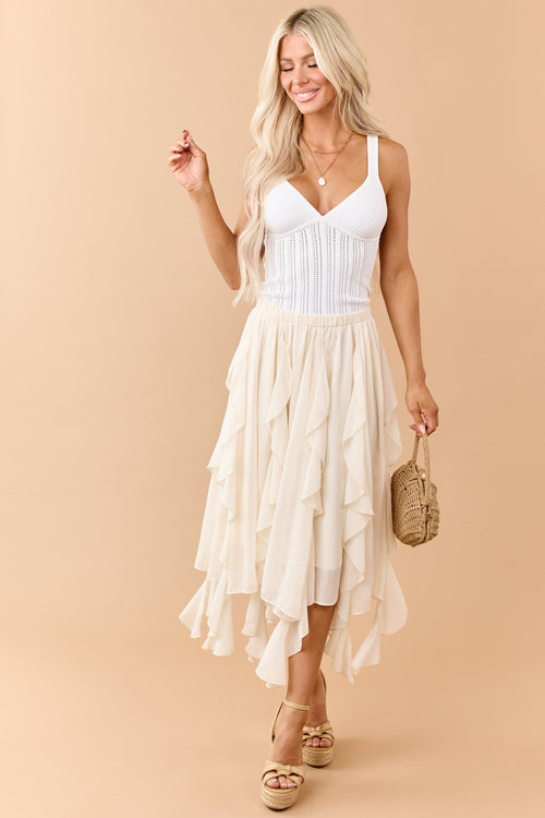 Cream Chiffon Ruffle Handkerchief Hem Midi Skirt