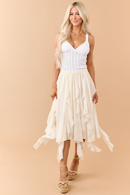 Cream Chiffon Ruffle Handkerchief Hem Midi Skirt