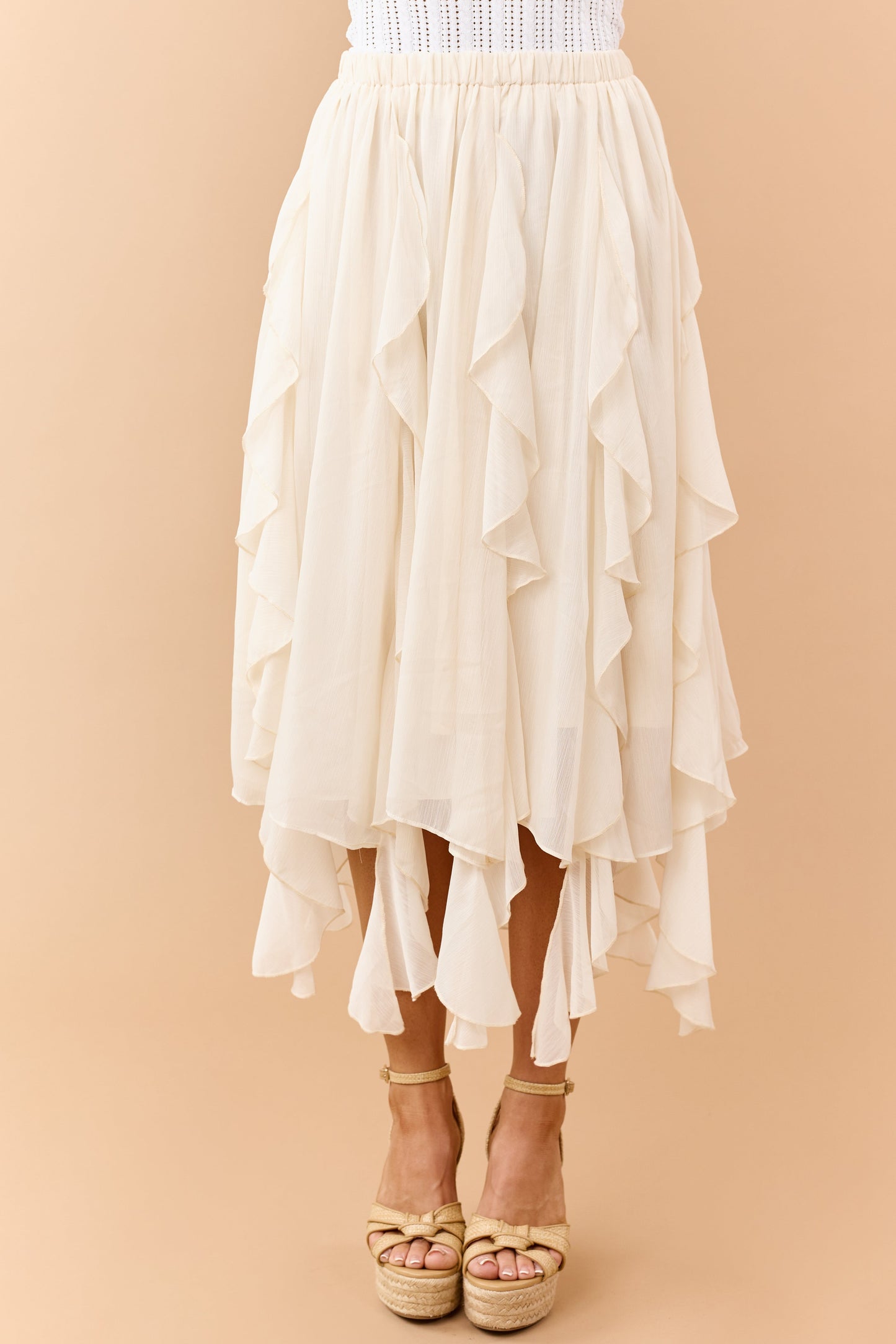 Cream Chiffon Ruffle Handkerchief Hem Midi Skirt