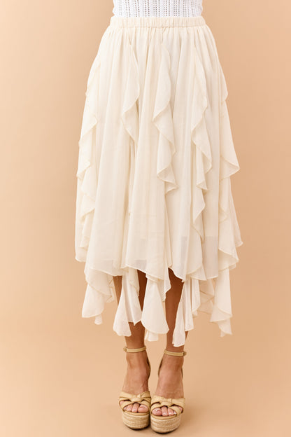 Cream Chiffon Ruffle Handkerchief Hem Midi Skirt