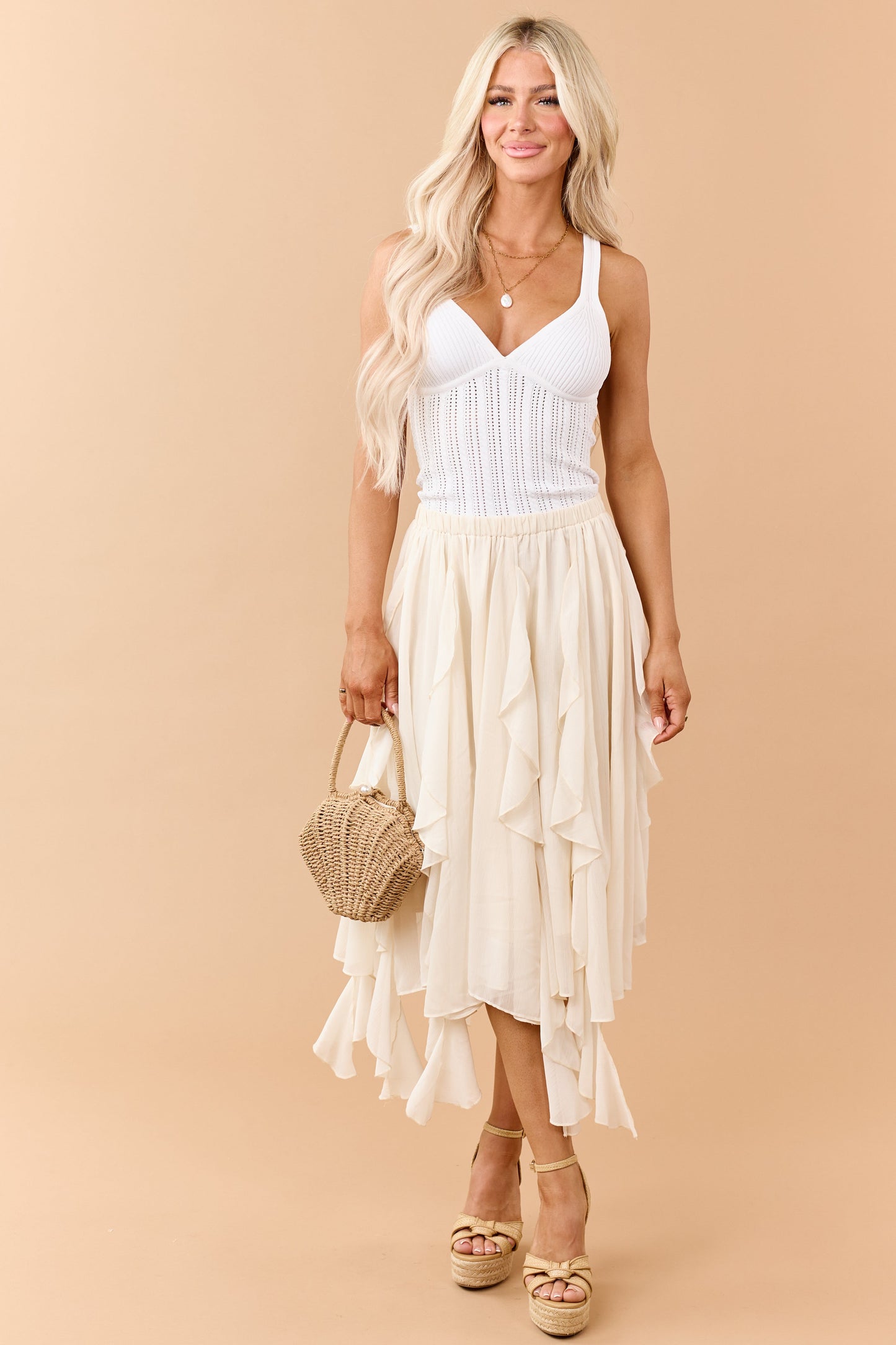 Cream Chiffon Ruffle Handkerchief Hem Midi Skirt