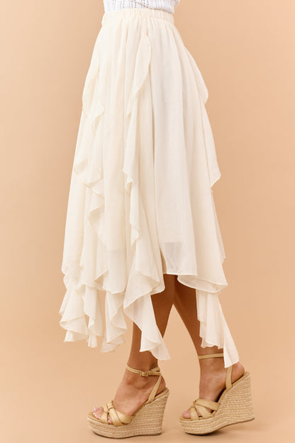 Cream Chiffon Ruffle Handkerchief Hem Midi Skirt