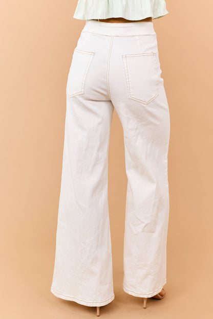 Cream Contrast Stitch Pintuck Seam Flare Jeans