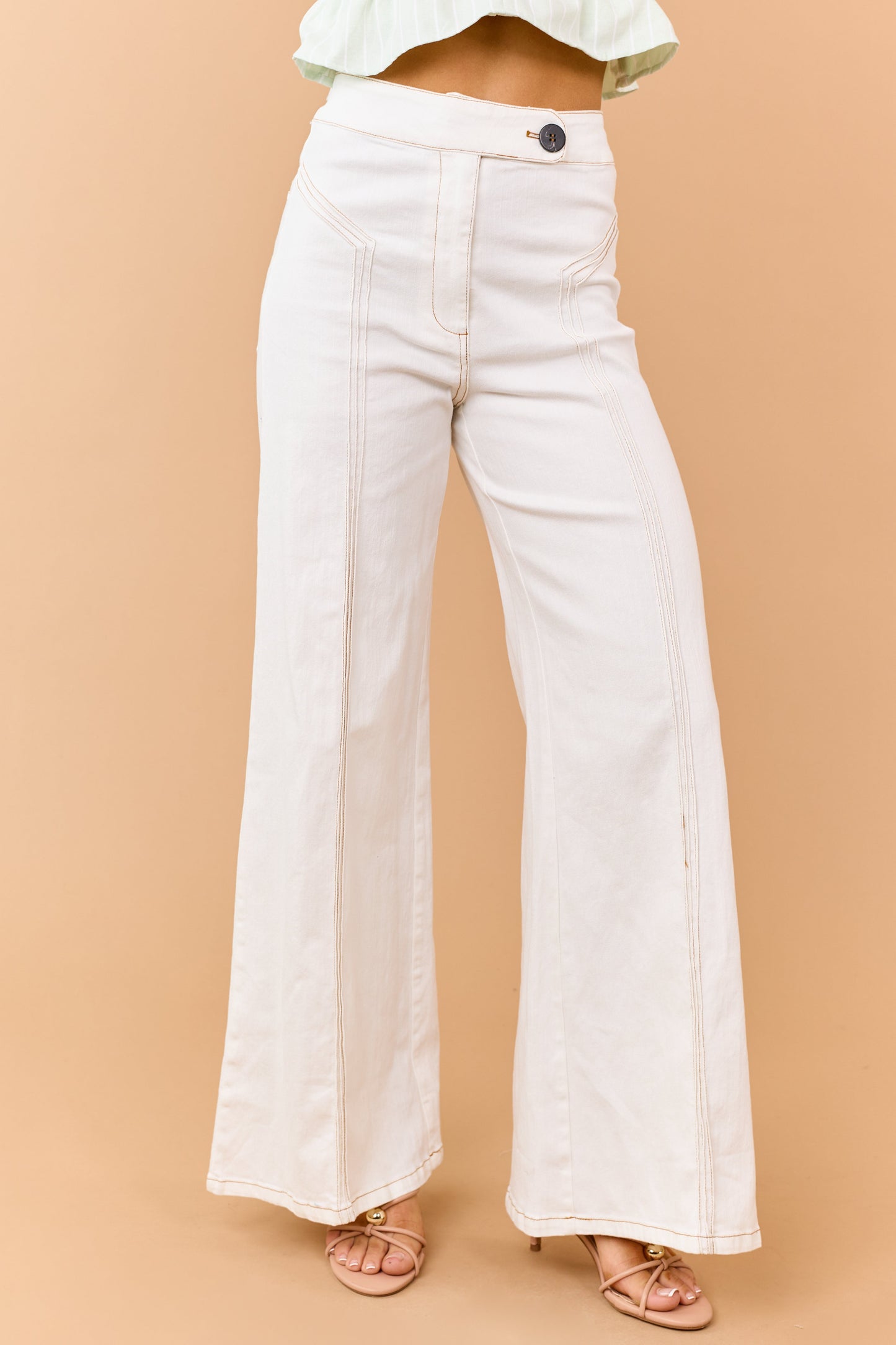 Cream Contrast Stitch Pintuck Seam Flare Jeans