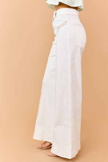 Cream Contrast Stitch Pintuck Seam Flare Jeans