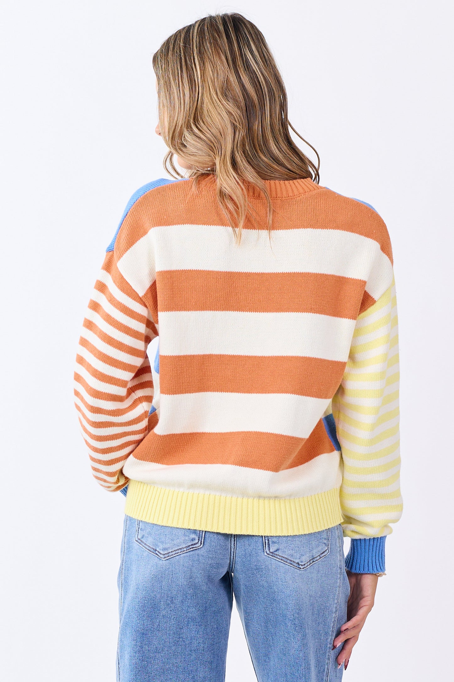Cream Contrast Striped Long Sleeve Cotton Sweater