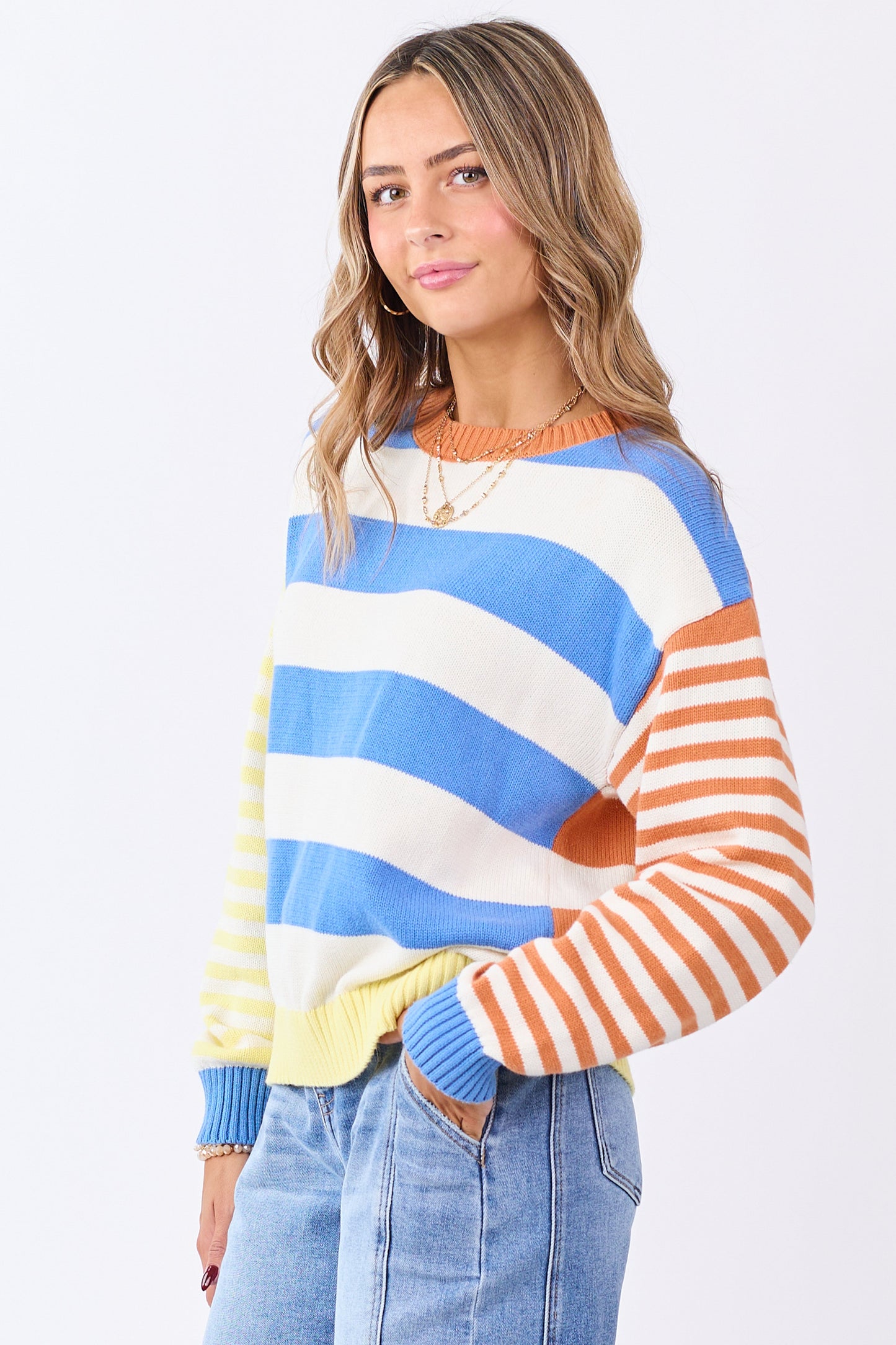Cream Contrast Striped Long Sleeve Cotton Sweater