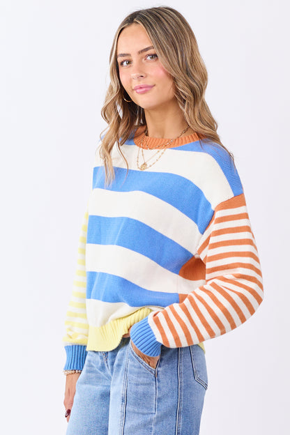 Cream Contrast Striped Long Sleeve Cotton Sweater