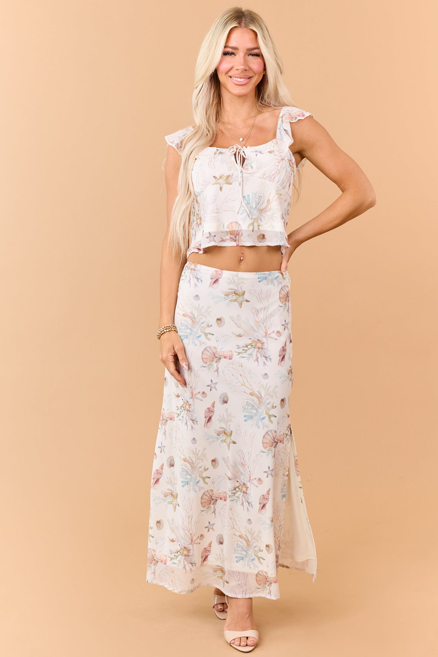 Cream Coral Reef Print Ruffle Front Tie Tank Top