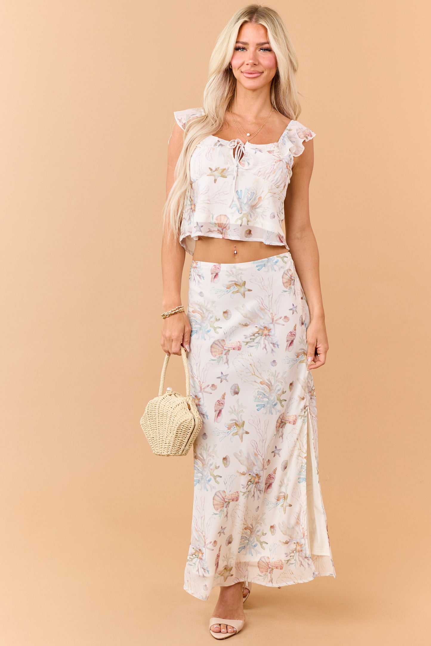 Cream Coral Reef Print Ruffle Front Tie Tank Top