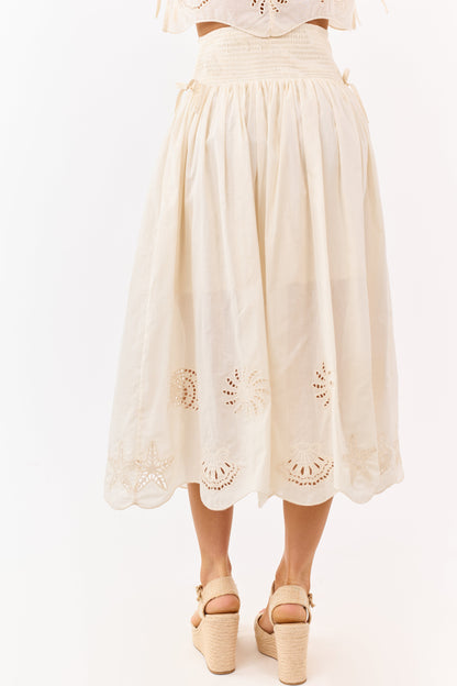 Cream Cotton Nautical Embroidered Hem Midi Skirt