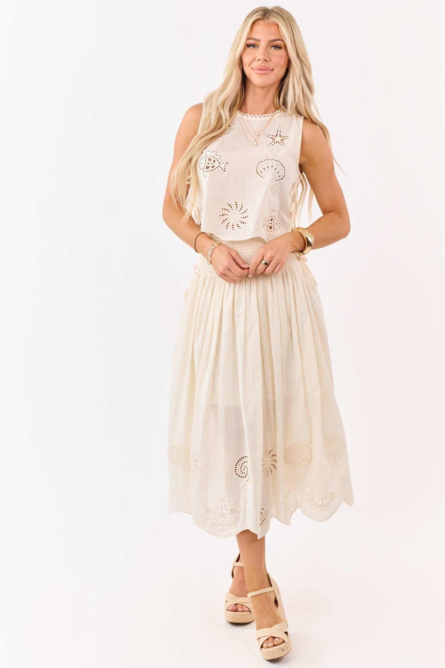 Cream Cotton Nautical Embroidered Hem Midi Skirt